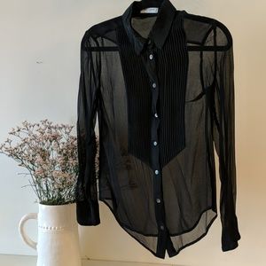 Equipment Sheer Black Pleated Bib Shirt, size XS